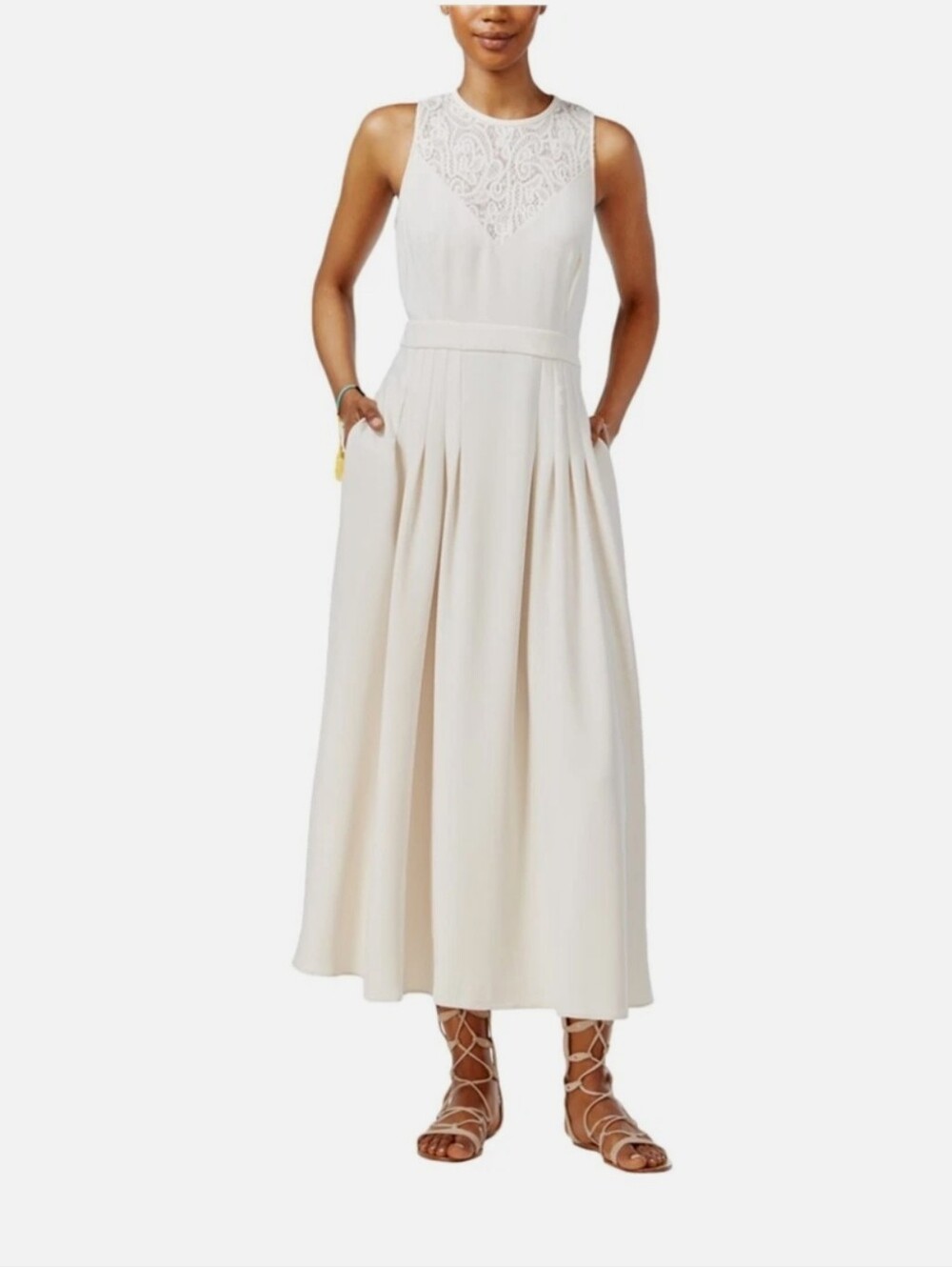 RACHEL Rachel Roy Cream Lace-Yoke Sleeveless Maxi Dress